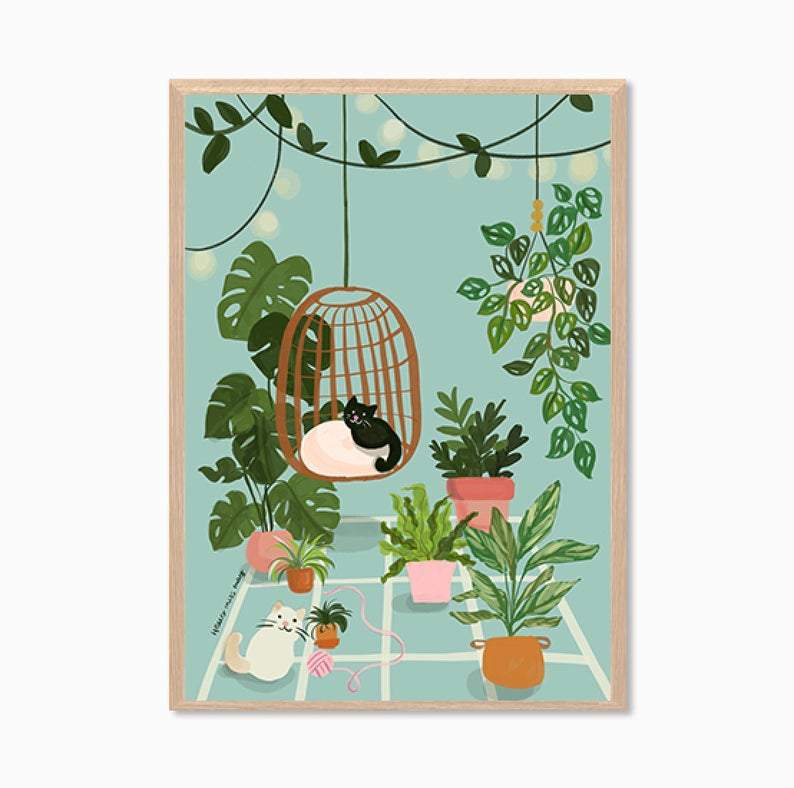 Botanical Home with Two Cats Art Print